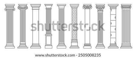 Line Greek pillars and Roman columns, ancient architecture and antique buildings, vector icons. Greece or Rome architecture column pillars of marble stone in line art with pilasters and ornate cornice