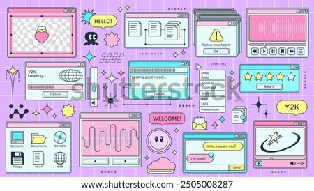 Y2K retro browser windows page of computer interface or PC screen, cartoon vector. Retro 90s Y2K computer display windows of internet browser tabs, loading bar and music player on pink background