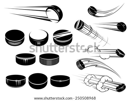 Ice hockey pucks set in cartoon style with motion trails and clouds isolated on white for sports design