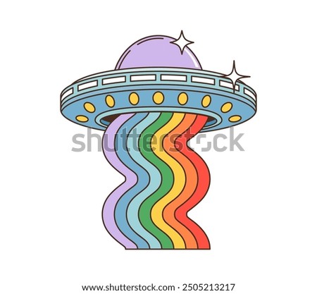 Cartoon groovy space UFO or alien saucer with rainbow, vector 70s retro hippie art. Groovy alien UFO spaceship with psychedelic rainbow flow and stars in galaxy space for funky disco or rave music