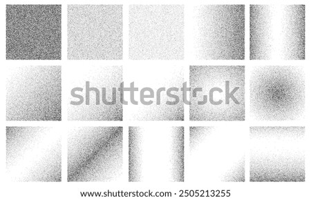 Square gradient noise grain vector textures. Black white dotted grainy abstract square shapes with faded gradation of noise grain, grunge dotwork or stipple effect. Dotted halftone geometric figures