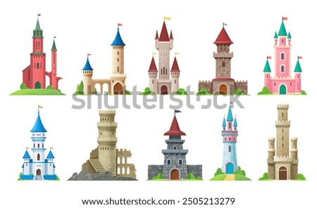 Cartoon castle, kingdom palace and fairytale fortress set with towers and flags. Vector buildings of fairy tale princess palace, king castle and knight fortress or citadel with color stone walls