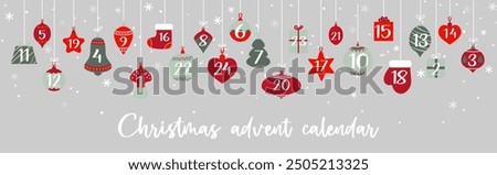 Christmas advent calendar with bauble gifts garland for winter holiday, vector background. Christmas advent calendar with December days, star and sock, tree and gift box or mitten and bell decoration