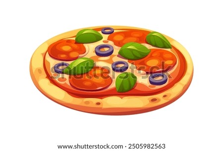 Cartoon fast food pizza topped with pepperoni, black olives, and fresh basil leaves on a golden crust. Isolated vector whole, round, delightful Italian pizza with melted cheese and rich tomato sauce