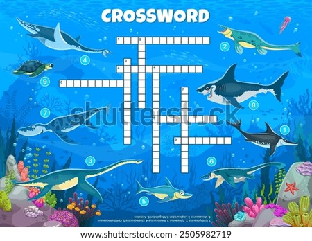 Crossword quiz game grid with underwater prehistoric dinosaurs and reptiles, cartoon vector. Kids crossword game worksheet to guess words of dinosaur reptiles in ocean or Jurassic underwater animals