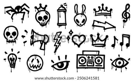 Graffiti spray paint, grunge ink icons. Vector set of black urban and street culture elements. Spider, skull, crown and rabbit head, musical notes, lightning bolt and heart. Eye, megaph, light bulb