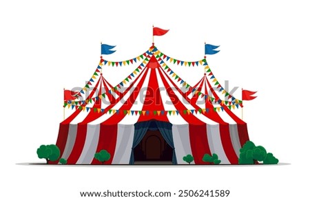 Circus tent, vintage funfair carnival marquee for amusement park show, cartoon vector. Circus top tent marquee with entrance and flags for magic fair or funfair carnival show with red and white stipes