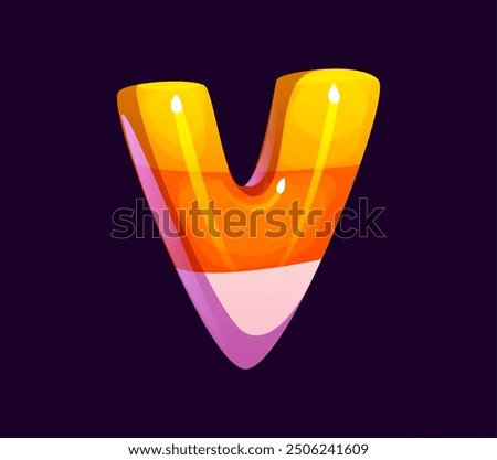 Letter V Halloween font, cartoon evil type, funny scary typeface, spooky alphabet uppercase letter as a candy corn with vibrant yellow, orange, and white colors. Isolated vector latin abc typography