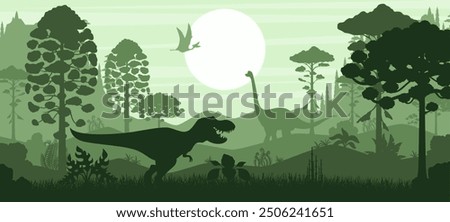 Prehistoric dinosaurs silhouettes in jungle forest of Jurassic era landscape, vector background. T-rex tyrannosaurus with brachiosaurus prehistoric lizard and quetzalcoatlus dino bird silhouettes