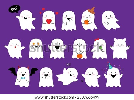 Cartoon Halloween kawaii ghosts characters. Cute Halloween monsters vector personages with pumpkins, witch hat, cat face and hearts, Dracula vampire bat wings, devil horns and trick or treat candy