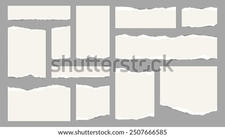 White torn paper notes with ripped edges and corners, vector page scraps. Torn paper strips, cut shreds and cracks of sheet pieces, paper wisp fragments with crumpled edges for memo note frames