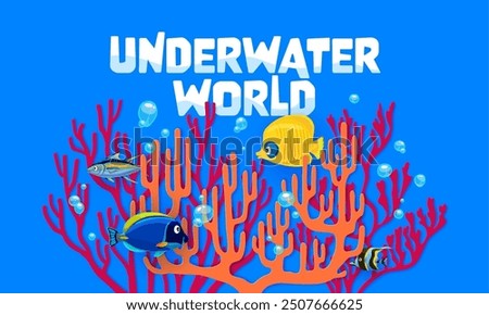 Sea paper cut corals and tropical fish, vector underwater marine life background. Ocean coral reef deep water animals and plants 3d papercut silhouettes. Bright color tropical fish shoal and bubbles