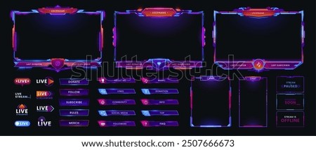 Neon overlay game screen and panel interface frames, vector GUI buttons and controls. Online live stream game interface of neon bars with gamer names and UI information signs, chat and menu options