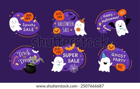 Halloween kawaii ghosts, holiday characters on amoeba blobs sale frames. Halloween season sale, holiday party vector background, frame or sticker with funny ghosts characters, witch cauldron and bats