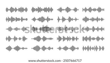 Podcast sound waves, voice soundwave, music audio. Vector set of audio player, equalizer musical pulse. Isolated monochrome vibration waveforms, tunes amplitude, song or soundtrack wavy symbols