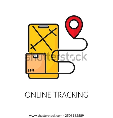 Online tracking color line icon, cargo carriage service, logistics, supply chain and shipping, delivery and storage. Vector linear sign of box and map pin on smartphone screen, shipments monitoring