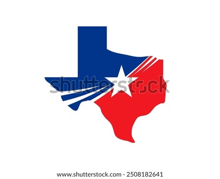 Texas state symbol of map and flag with American US star, vector icon. Texas map silhouette with flag colors for USA company or American corporation of oil and petrol industry with Texas state badge