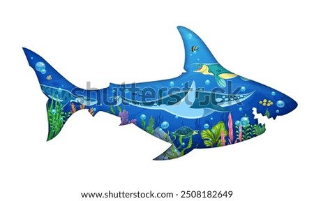 Prehistoric megalodon paper cut silhouette. Vibrant vector shark-shaped frame with underwater scene features ancient marine creatures surrounded by coral reefs and aquatic plants in the ocean