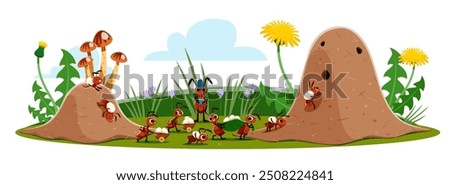 Ant characters carry eggs to anthill. Cartoon ant pest insects working together to carry eggs to an anthill. Vector scene in a natural environment with flowers, mushrooms and grass at summer field