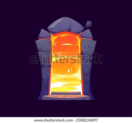 Fantasy game magic portal door, witchcraft game asset. Mystical stone archway with vibrant, glowing plasma in shades of orange and yellow. Cartoon vector gateway to an unknown and magical realm travel