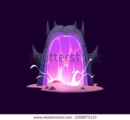 Fantasy game magic portal door, witchcraft game asset. Cartoon vector time travel teleport doorway with glowing purple plasma energy and magical tendrils, encased in dark stone arch with sharp thorns