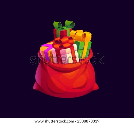 Cartoon Christmas holiday gifts bag. Vibrant red sack filled with colorful xmas presents , adorned with bright ribbons and wrapping. Isolated vector item essential for xmas events and Santa Claus