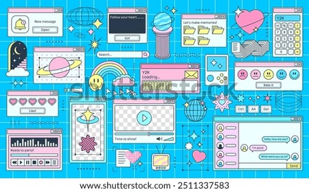 Retro Y2K computer windows page interface of PC desktop, vector cartoon background. Retro computer windows with Y2K design of file folder, internet browser, player with loading bar and smile stickers