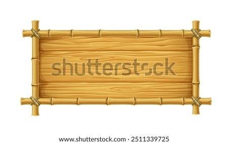 Bamboo frame with wooden sticks borders or wood sign board, vector background. Bamboo frame of sticks on rope for signboard on tiki beach or cartoon tropical jungle banner of bamboo tree