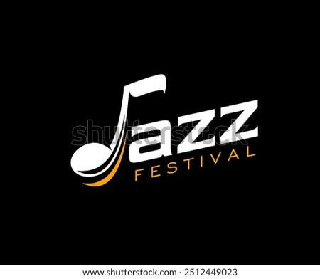 Jazz music icon, vector label for instrumental concert performance. Stylish emblem for jazz night festival, featuring letter J as a musical note in orange and white typography on black background