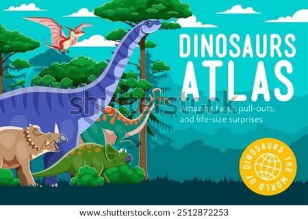 Cartoon prehistoric dinosaur characters for atlas book cover or encyclopedia, vector background. Dino world atlas book cover with funny Jurassic lizards, dino birds and prehistoric dinosaurs in forest