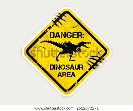 Spinosaurus dinosaur warning sign with claw mark scratches. Vector grungy yellow and black rhombus-shaped banner with danger dino predator silhouette. Distressed cautionary message, alert signboard