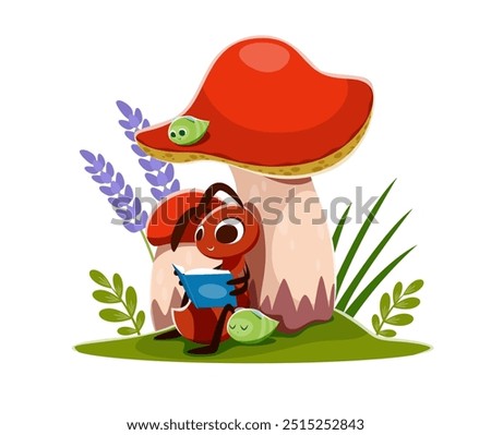 Cartoon ant reading a book on the lawn with mushrooms. Charming vector summertime scene with a cute ant immersed in a fantasy story sitting under the large amanita fungus with a funny aphid pet nearby