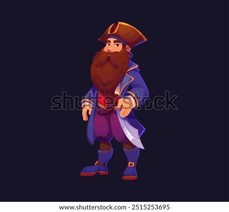 Cartoon pirate captain character. Isolated vector serious sea corsair with long brown beard, stands confidently in cocked hat, and blue coat with silver dagger on belt, looking off into the distance