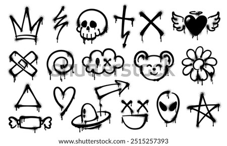 Grunge ink graffiti spray paint. Vector set of black graffiti-style symbols such as crown, skull, cross, heart and alien head, with grungy and drippy texture, capturing the urban street art aesthetic