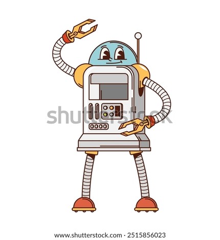 Cartoon retro robot, groovy funky character of mechanical android, vector game toy. Funny retro robot or electronic cyborg droid with gripper hands and antenna, cosmic alien droid bot with happy face