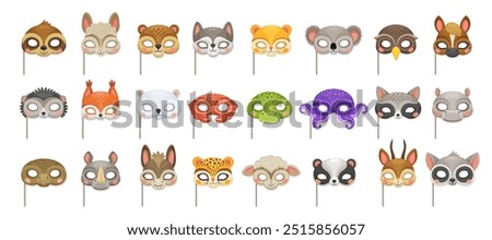 Animal carnival party masks. Festival or birthday costume with vector cute faces of cat, bear, owl, wolf or dog. Cartoon kids Halloween masks on sticks, monkey, crocodile, leopard and raccoon heads