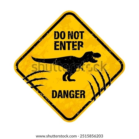 T Rex dinosaur warning sign with claw scratch marks, danger zone caution vector banner. T-Rex tyrannosaurus danger area yellow warning signboard with dinosaur silhouette and claw scratch fissures