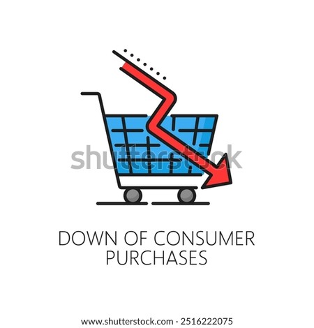 Consumer purchasing power and consumption down color line icon, vector economic crisis and inflation. Finance and business recession, bankruptcy outline symbol with shopping cart and down arrow graph