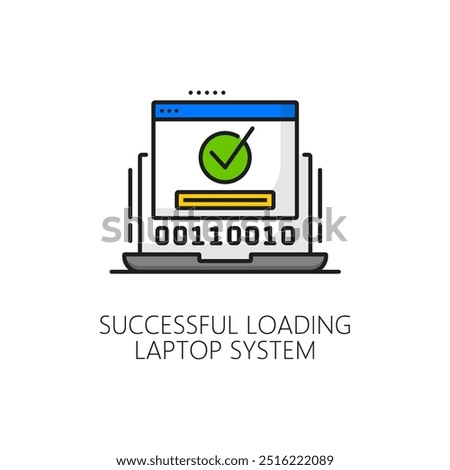 Laptop system software update successful loading line icon. PC application develop technology, software service update download outline vector sign with binary code on laptop screen and green mark