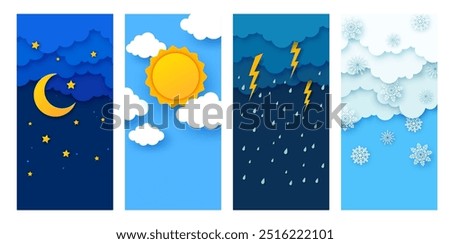 Weather paper cut with vector rain, clouds, sun, snow and lightnings on day and night sky background. Art craft origami banners of weather forecast app with 3d layered paper cut clouds, moon and stars