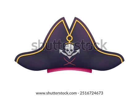 Cartoon pirate hat, corsair captain tricorn. Vector seafarer headdress with jolly roger skull and anchor emblem. Isolated buccaneer cocked hat, headgear, sailor cap. Filibuster piracy party costume