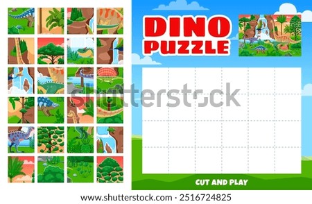 Animals jigsaw puzzle kids logic game with prehistoric dinosaurs. Vector fun and engaging riddle featuring separated pieces with dino, encouraging children to cut and play to assemble the full picture