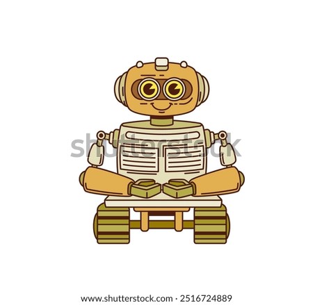 Cartoon retro groovy robot character or space android on wheels, vector game toy. Groovy retro cartoon robot or cute robotic machine of vintage technology cyborg droid with happy smile on face