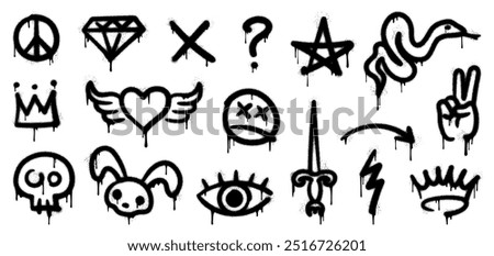 Grunge graffiti spray paint, street ink art. Vector set of black peace sign, diamond, crown, skull and dagger, eye, rabbit, lightning bolt and arrow. Grungy, urban arts with dripping paint effects