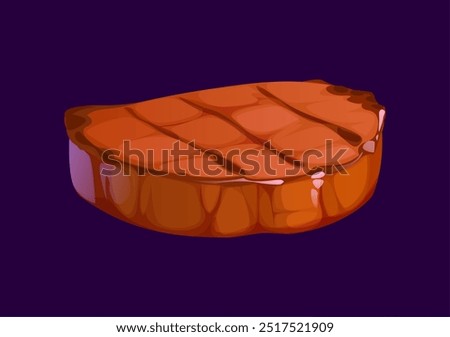 Cartoon meat steak. Isolated vector juicy, grilled steak with sear marks, showcasing its tender texture and rich, savory appeal. Roasted brown slice of beef, barbecue meal, beefsteak or sirloin fillet