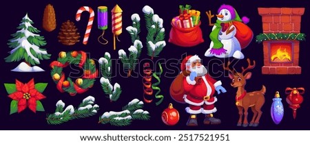 Cartoon Christmas holiday characters and decorations, Santa and snowman with gifts, vector icons. Christmas winter holiday funny cartoon reindeer, tinsel with poinsettia in holly wreath at fireplace