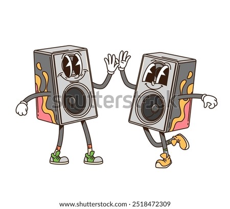 Groovy computer musical speakers as retro cartoon characters, vector funky comic. Groovy freaky PC computer or laptop music loudspeakers with happy smile and funny faces dancing with Hi Five gestures