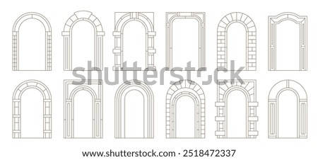 Boho arch door frames with vector line casing borders of minimal art ornaments. Retro archways with art deco columns and brickwork pattern. Aesthetic bohemian arch door frames, boho interior element