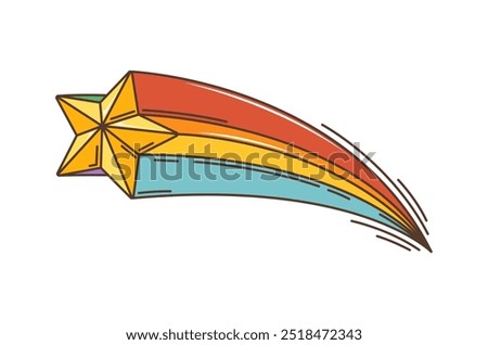 Cartoon retro groovy hippie star symbol. Isolated vector falling comet with rainbow trail at night sky. Vibrant, funky, shooting twinkle, or golden star and colorful red, orange, and blue streaks