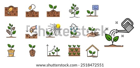 Plant sprout line icons, soil with seed, sprig and green leaves, agriculture, horticulture and agronomy. Plant and tree growing vector outline signs of garden soil, sprouts, seedlings and saplings